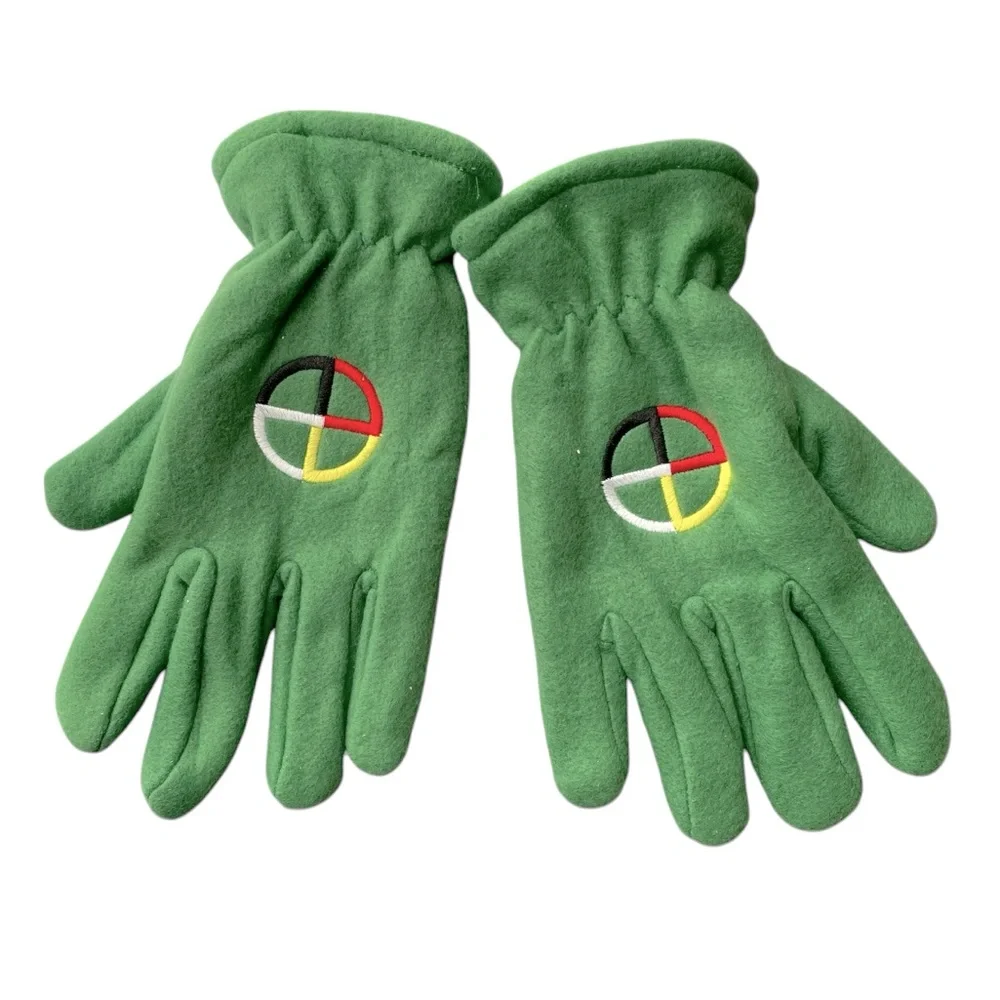 Women's Fleece Winter Gloves Lined Green with Embroidered Motif